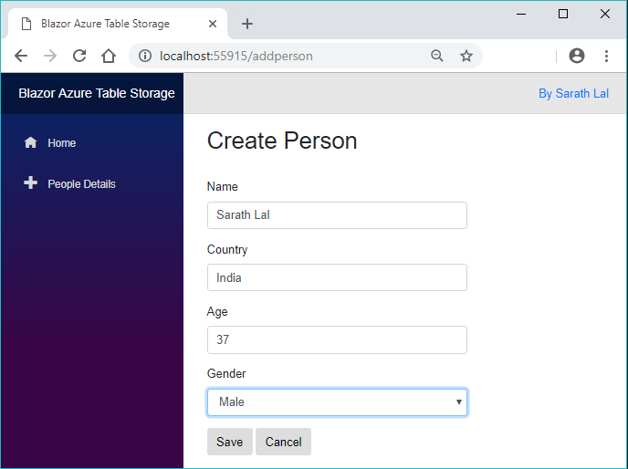 Single Page Application in Blazor with Azure Table Storage